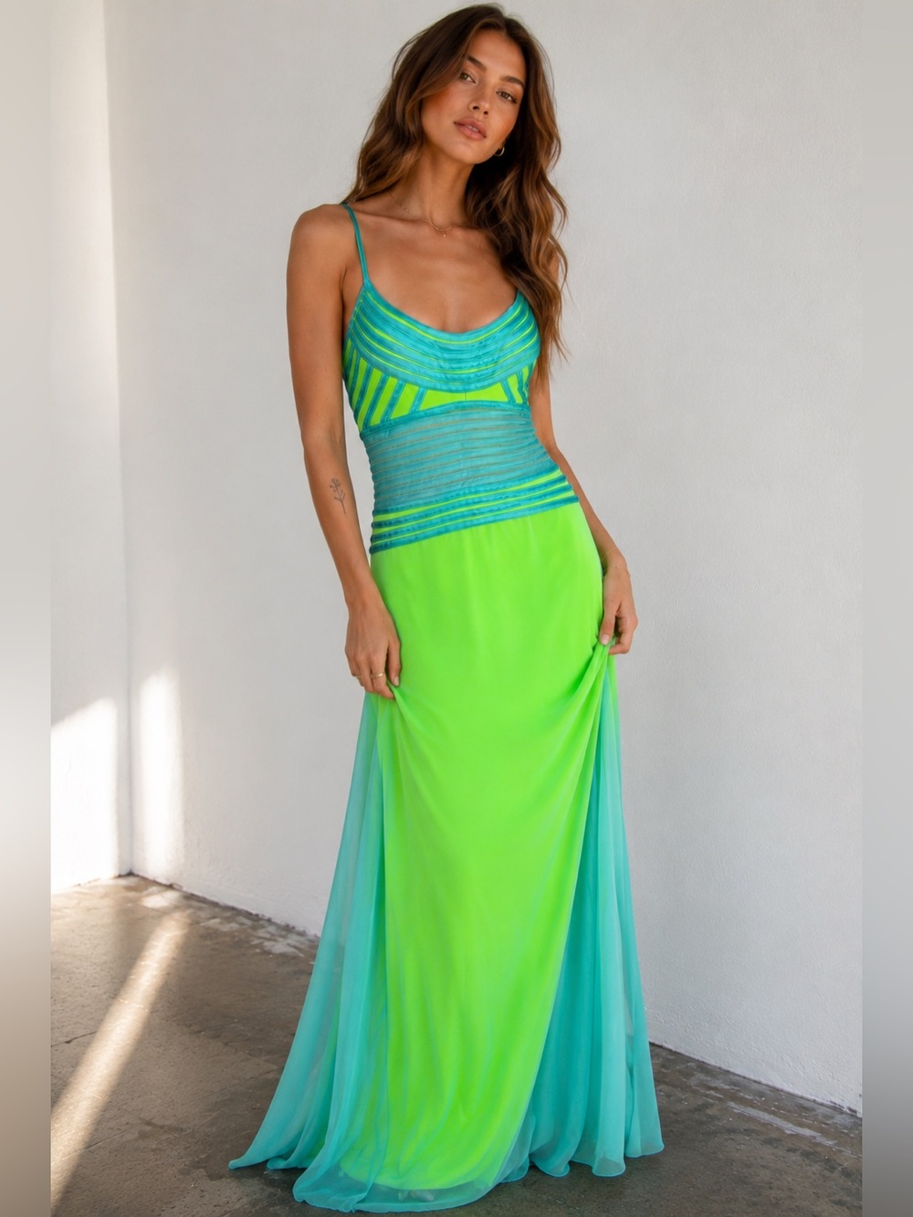 Vintage Mary L Couture Neon Green and Aqua Gown Women’s Size 12 Mesh Maxi Y2k